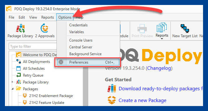 Navigating to the preferences menu in PDQ Deploy.
