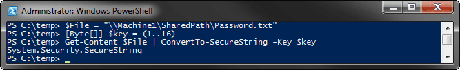 PowerShell command converting file-based password to a secure string using a key.