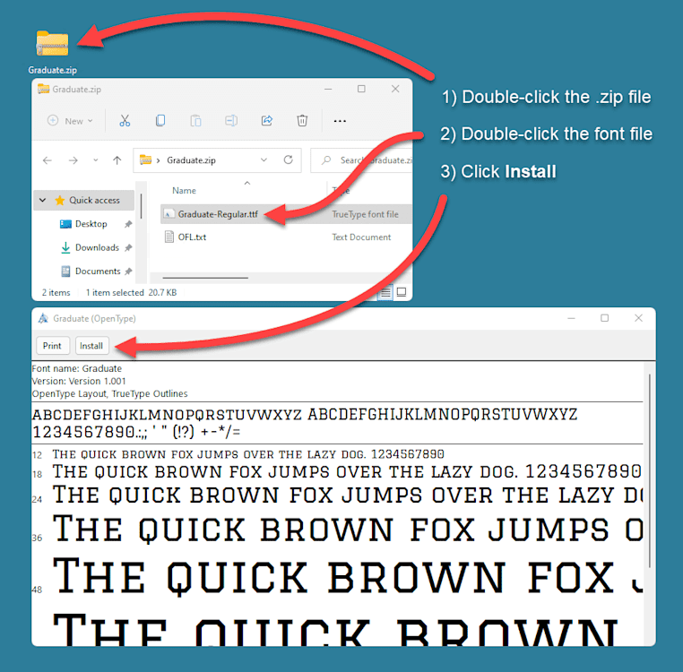 Installing fonts using the Windows font viewer.