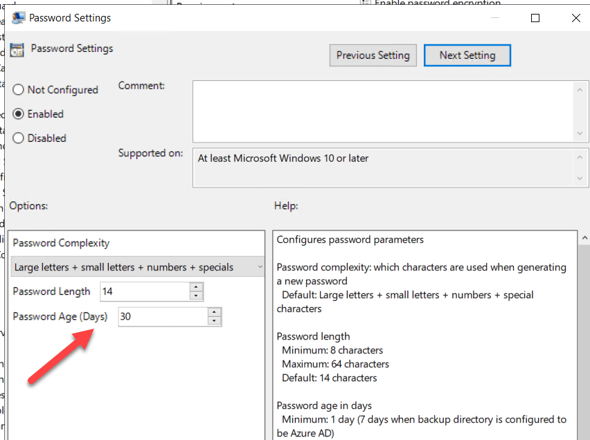 Windows LAPS GPO password policy settings including password complexity, length, and age in days.