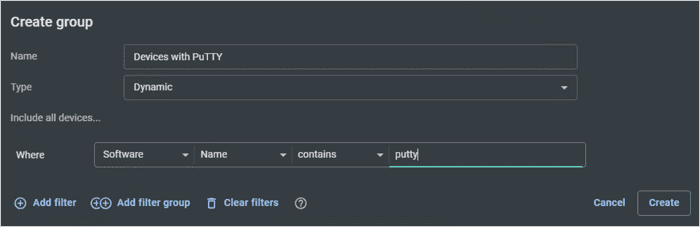 Screenshot of the PDQ Connect UI showing inputting the name and setting the logic in the Create group dialog box.