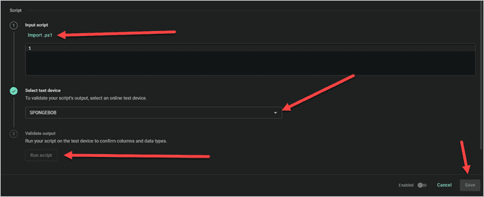 PDQ Connect script scanner setup showing the imported PowerShell script, selected test device dropdown, and Run script validation option highlighted.