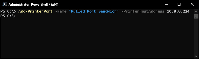 Screenshot of adding a printer port using PowerShell.