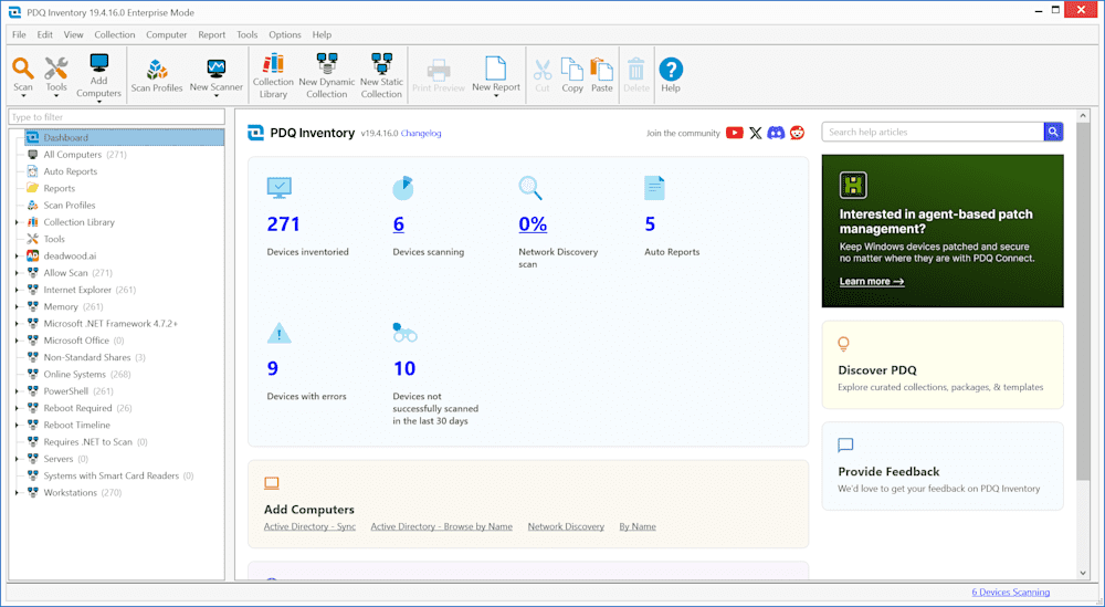 Screenshot of PDQ Inventory dashboard, showing data on number of devices, devices scanning, network discovery scan, auto reports, devices with errors, and devices not scanned in 30 days.
