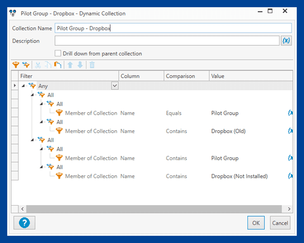 Pilot Group Dynamic Collection example of folders and dropdowns designated in the table above
