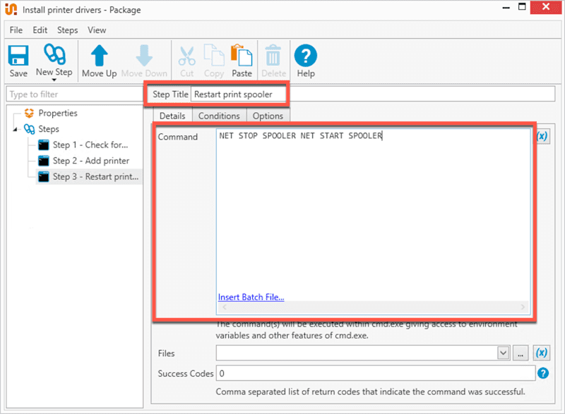 A screenshot showing how to restart the print spooler in PDQ Deploy
