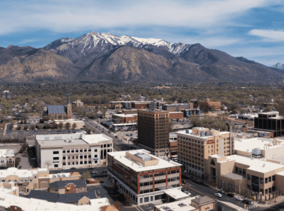 An Ogden City, Utah aerial view facing east toward the mountains