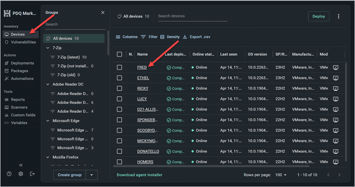 Screenshot showing the Devices tab and a relevant device in the PDQ Connect UI.