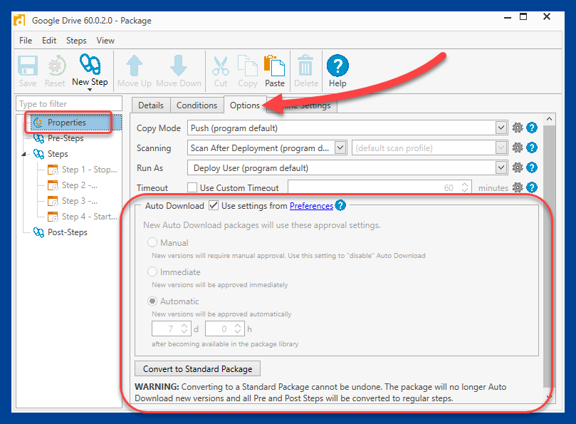 Adjust the auto download settings for individual packages by opening the package and clicking Properties and then Options