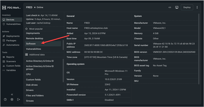 Screenshot showing the Software option in the device details in the PDQ Connect UI.