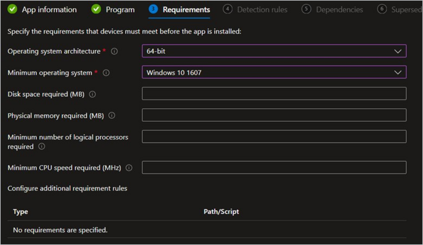 Screenshot of Intune's Requirements panel.