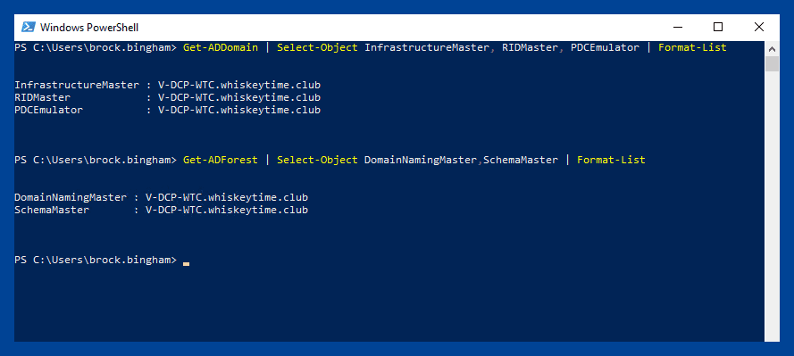 PowerShell window showing "Get-ADDomain" and "Get-ADForest" commands returning FSMO role holders for domain and forest levels.