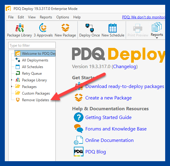 Double-click the package name in the left-hand tree navigation to access custom packages in PDQ Deploy
