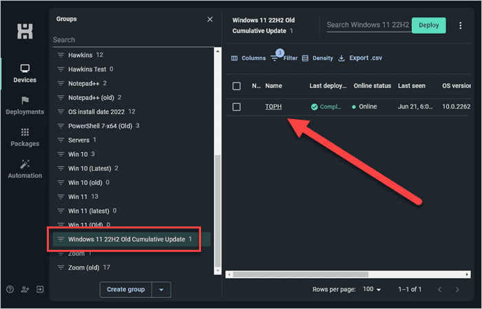 Windows 11 update group results.