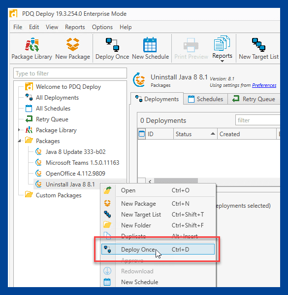 Screenshot showing the Deploy Once option in PDQ Deploy.