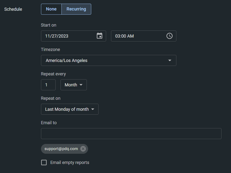 Screenshot showing recurring report scheduling in PDQ Connect