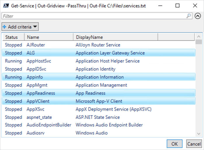 Out-GridView example with the -PassThru parameter