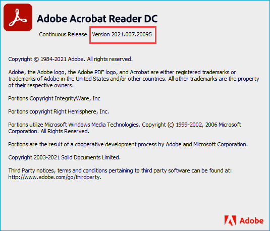 Outdated version of Adobe Acrobat Reader DC prior to applying .msp update