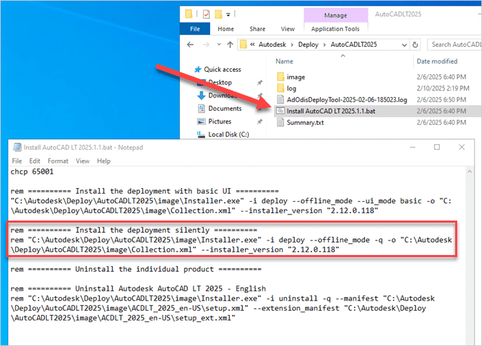 Copying the silent installation command from the Autodesk batch file that was created by running the Autodesk deployment file.