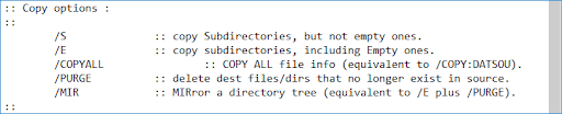 Screenshot of the job file showing how including /MIR before /SAVE saves the Robocopy job with the /MIR component.