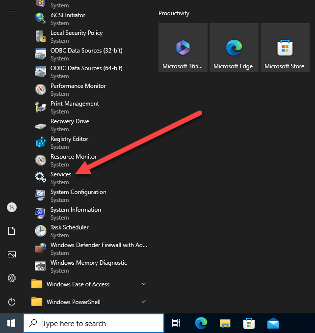 Finding services from the Start menu in Windows 10.