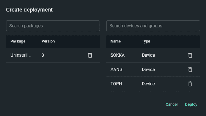 Screenshot of deploying the uninstall package to devices.
