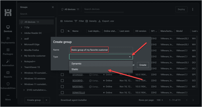 Screenshot showing the "Create group" window in the PDQ Connect interface with the name "Static group of my favorite customer" inputted and "Static" selected for "Type."