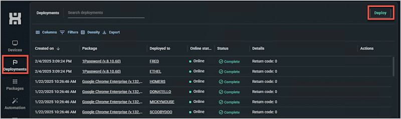 A screenshot showing how to deploy a package in PDQ Connect