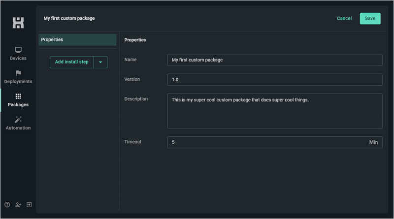 PDQ Connect's custom package properties.