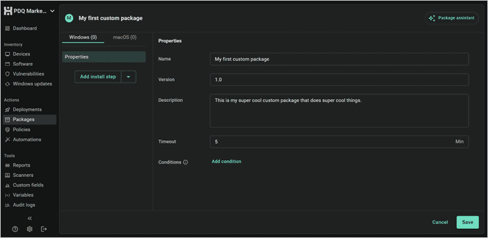PDQ custom package properties with name, version, description, timeout, and conditions fields.