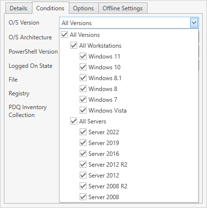 A list of the various O/S conditions available in PDQ Deploy.