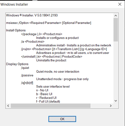 Screenshot of Windows Installer showing usage statement.