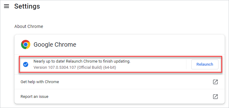 Relaunch Google Chrome to finish installing the update