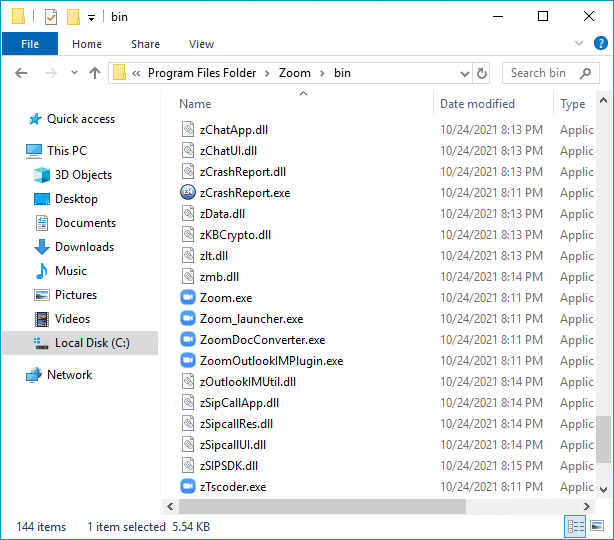 Extracted Zoom.msi files including executables and DLLs