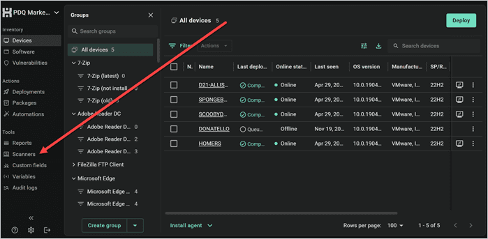 PDQ Connect console with the Scanners option highlighted in the left navigation menu.