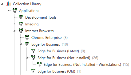 PDQ Inventory Collection Library expanded to show Edge for Business status groups including latest and not installed collections.