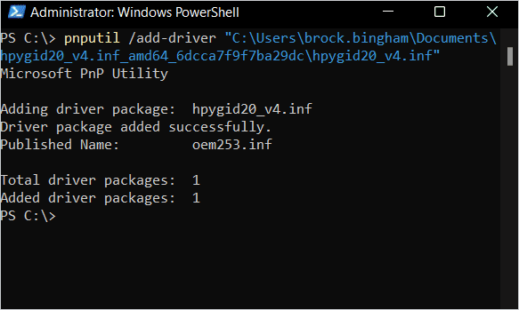 Screenshot of the INF import results using PowerShell.