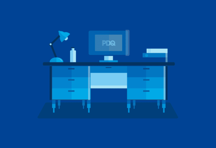 Illustration of computer desk and monitor with PDQ logo