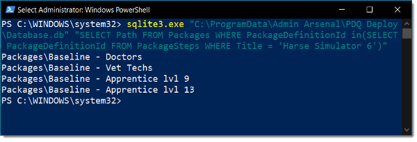 Screenshot of PowerShell query of SQLite database to find nested package location.