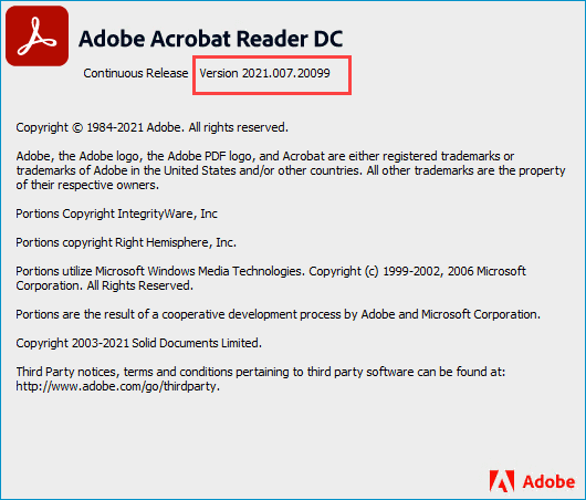 Adobe Acrobat Reader DC showing updated version after .msp installation