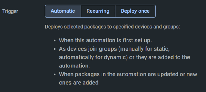 Screenshot of the PDQ Connect UI showing the automatic deployment trigger.