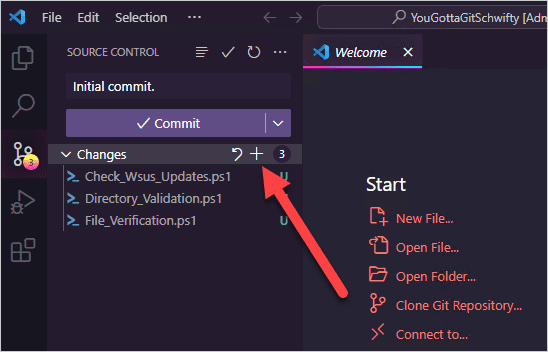 Staging files in VS Code.