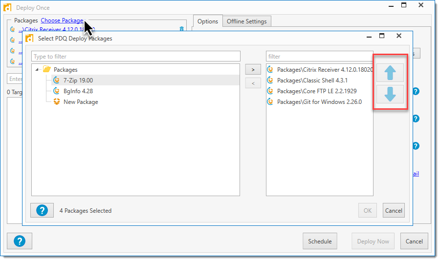 The Selected PDQ Deploy Packages window for Deploy Once.