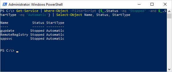 A PowerShell script that filters for specific services.