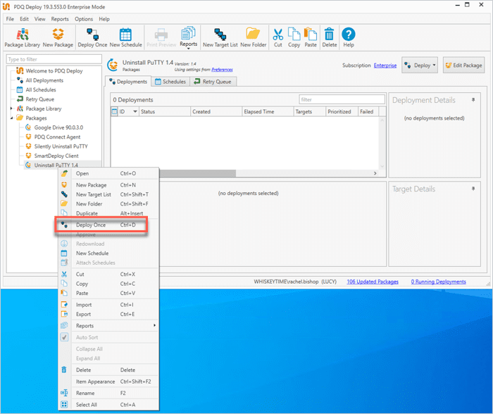 Screenshot of the PDQ Deploy UI showing the Deploy Once option for the Uninstall PuTTY package.