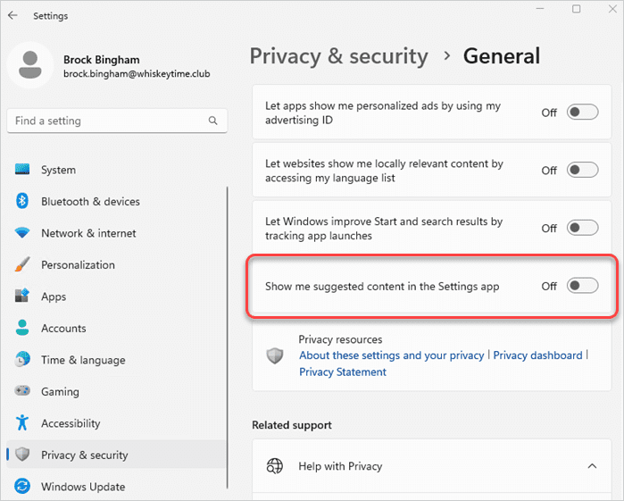 Screenshot showing the "Show me suggested content in the Settings app" option in Settings > Privacy & security > General.