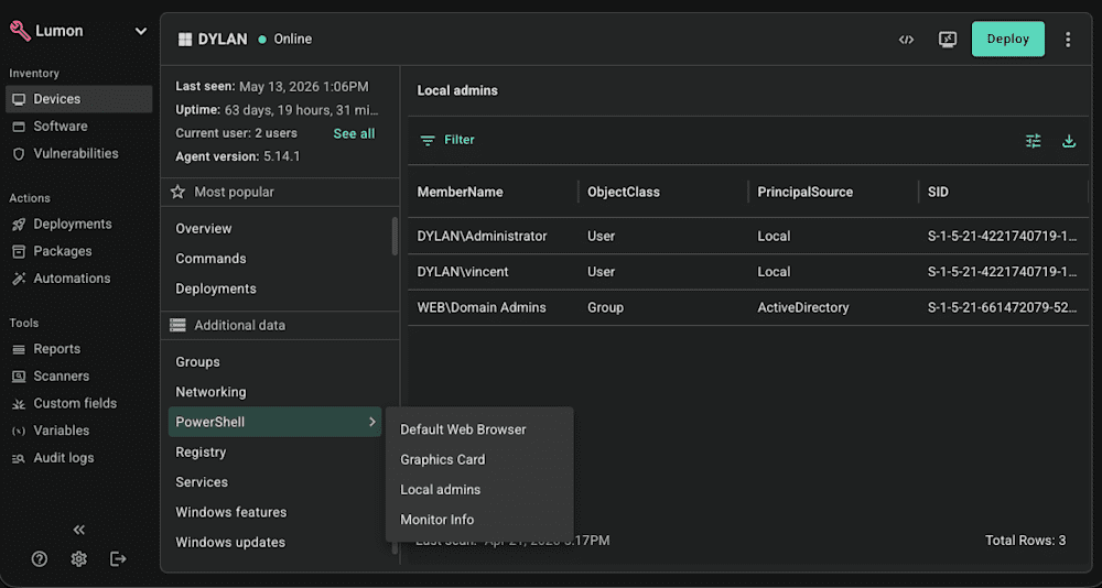 PDQ Connect interface showing local administrators on a Windows device, including user accounts and Active Directory groups, with the PowerShell tools menu expanded.