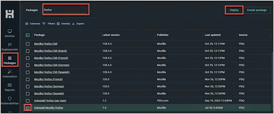 A screenshot showing how to deploy an uninstall package in PDQ Connect