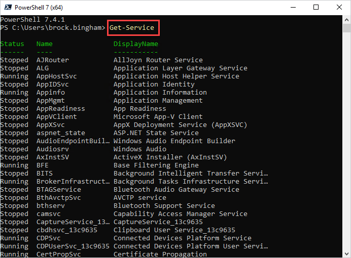 Results of running the Get-Service cmdlet in PowerShell.