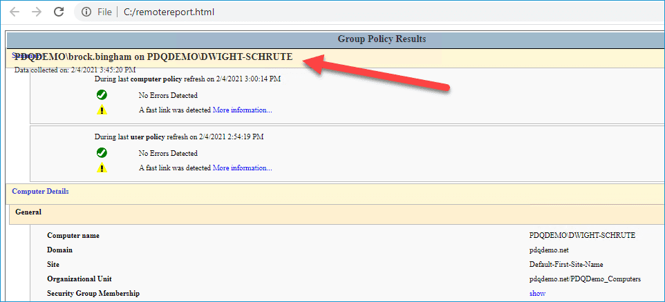 Screenshot of PowerShell using Get-GPResultantSetOfPolicy with -User and -Computer parameters to generate a remote RSoP report in HTML format.